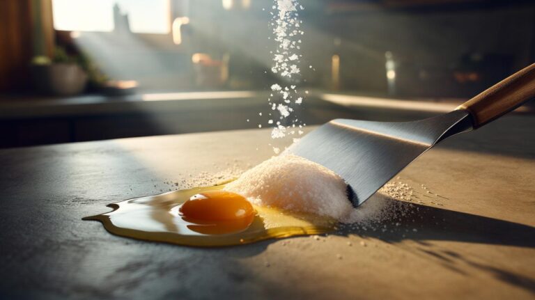 Illustration of salt being sprinkled onto a raw egg spill on a countertop to stop sticking and ease cleanup