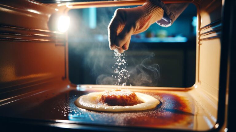 Illustration of salt being sprinkled over a fresh oven spill to smother burning and form a liftable crust