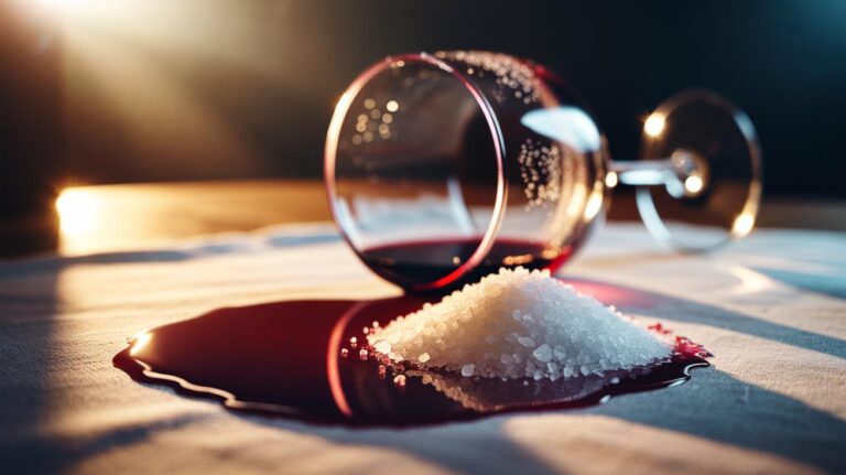 Illustration of salt crystals poured onto a fresh red wine spill on fabric, absorbing liquid to lift the stain before it sets