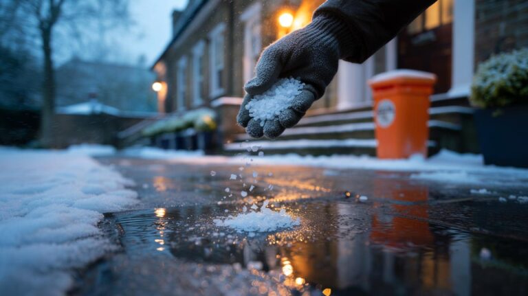 Illustration of rock salt being applied to snowy steps to melt ice by lowering the freezing point
