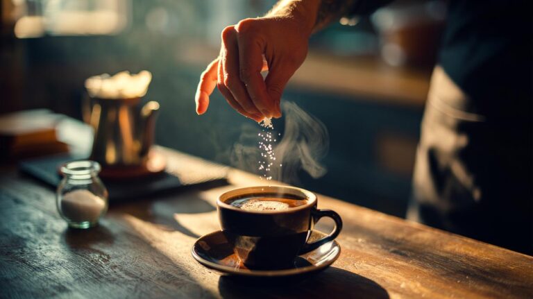 Illustration of a pinch of salt being added to a cup of coffee to reduce bitterness and balance acidic notes