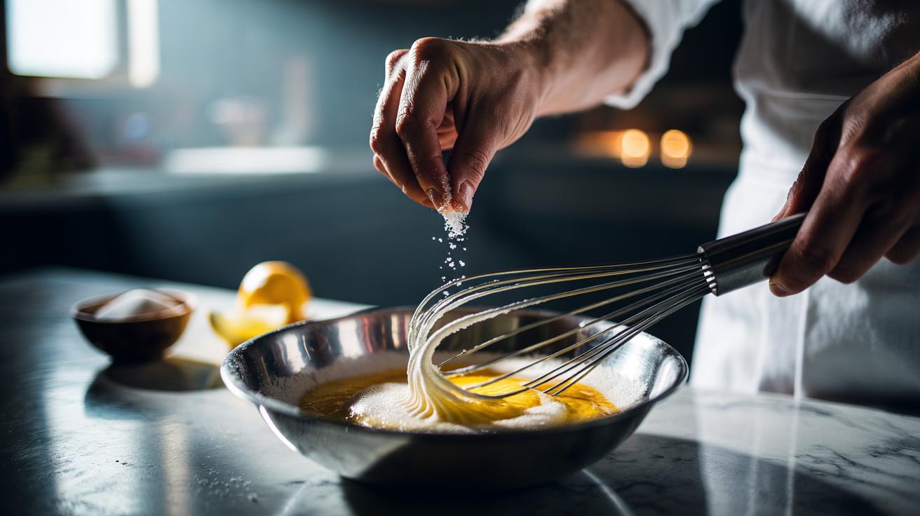 Illustration of a pinch of salt being added to egg whites while whisking to stabilise meringue peaks