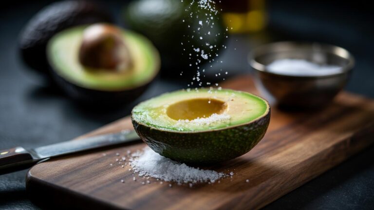 Illustration of a halved avocado sprinkled with salt to stop browning by slowing oxidation