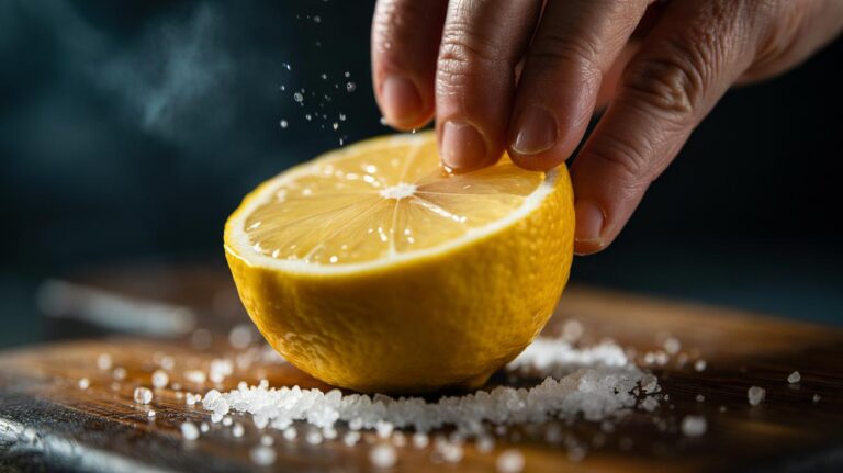 Illustration of coarse salt crystals sprinkled on a lemon to improve grip for easier juicing