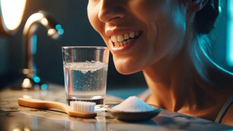 Illustration of a person using a warm salt water rinse with a soft toothbrush nearby to remove surface stains from teeth through mild abrasion