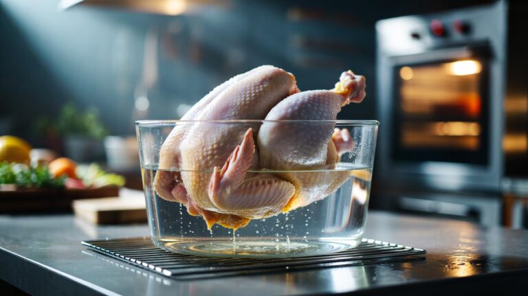 Illustration of a whole chicken submerged in a salt water brine, with surface moisture drawn out before roasting for crisp skin