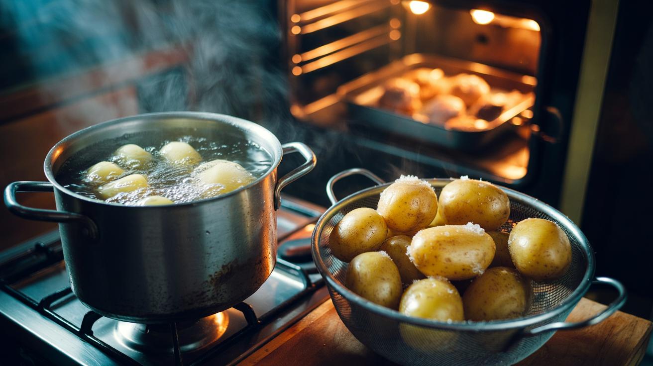 Illustration of potatoes being pre-boiled in salt water to open the surface for crisp roast potatoes