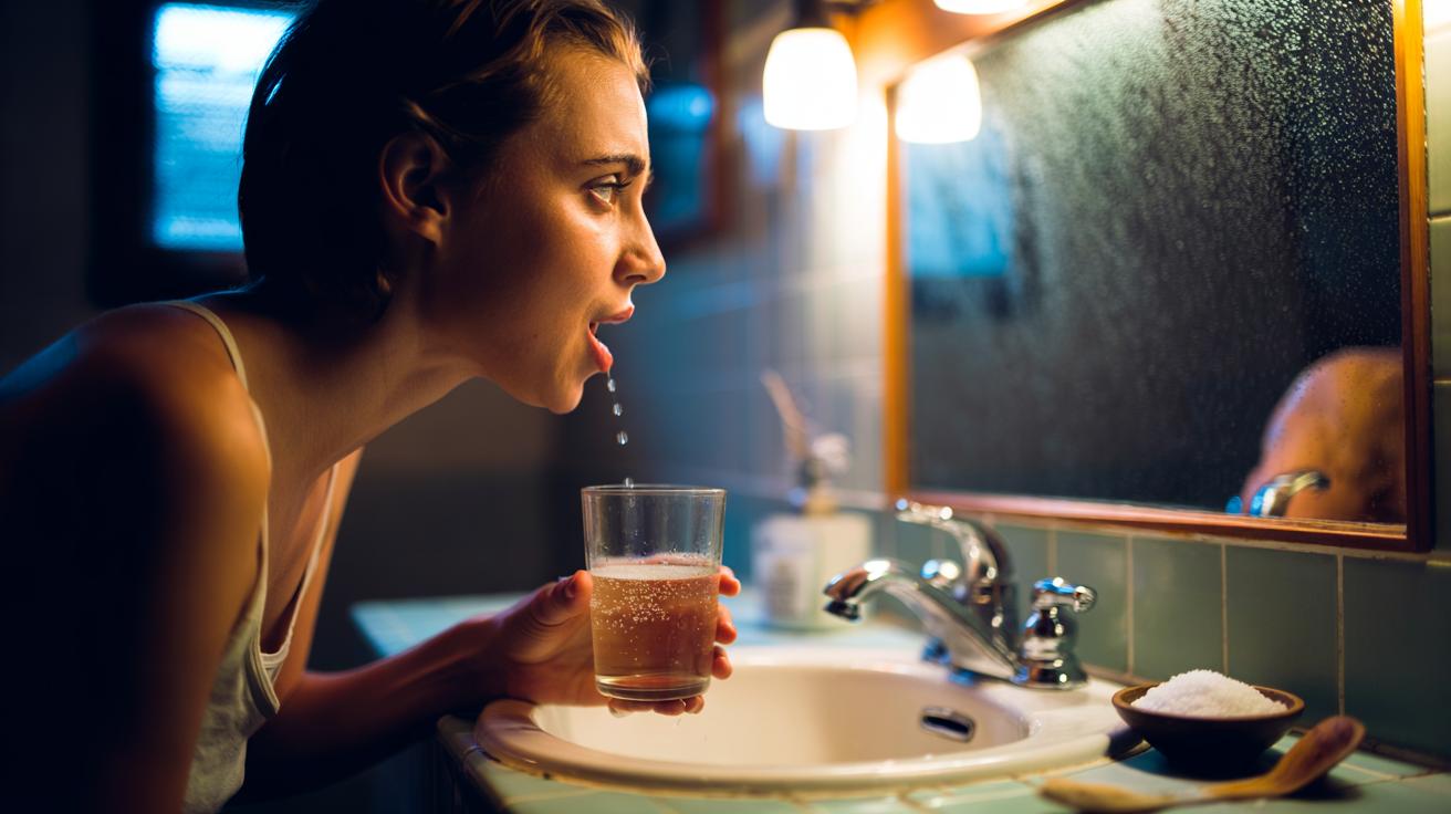 Illustration of a person gargling warm salt water before bed to ease a sore throat and reduce swelling naturally