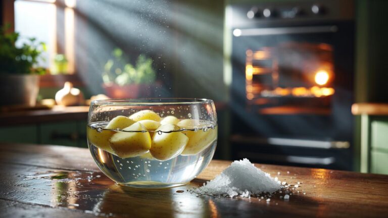 Illustration of potato chunks soaking in a salt water brine before roasting to draw out surface moisture for crispier roast potatoes