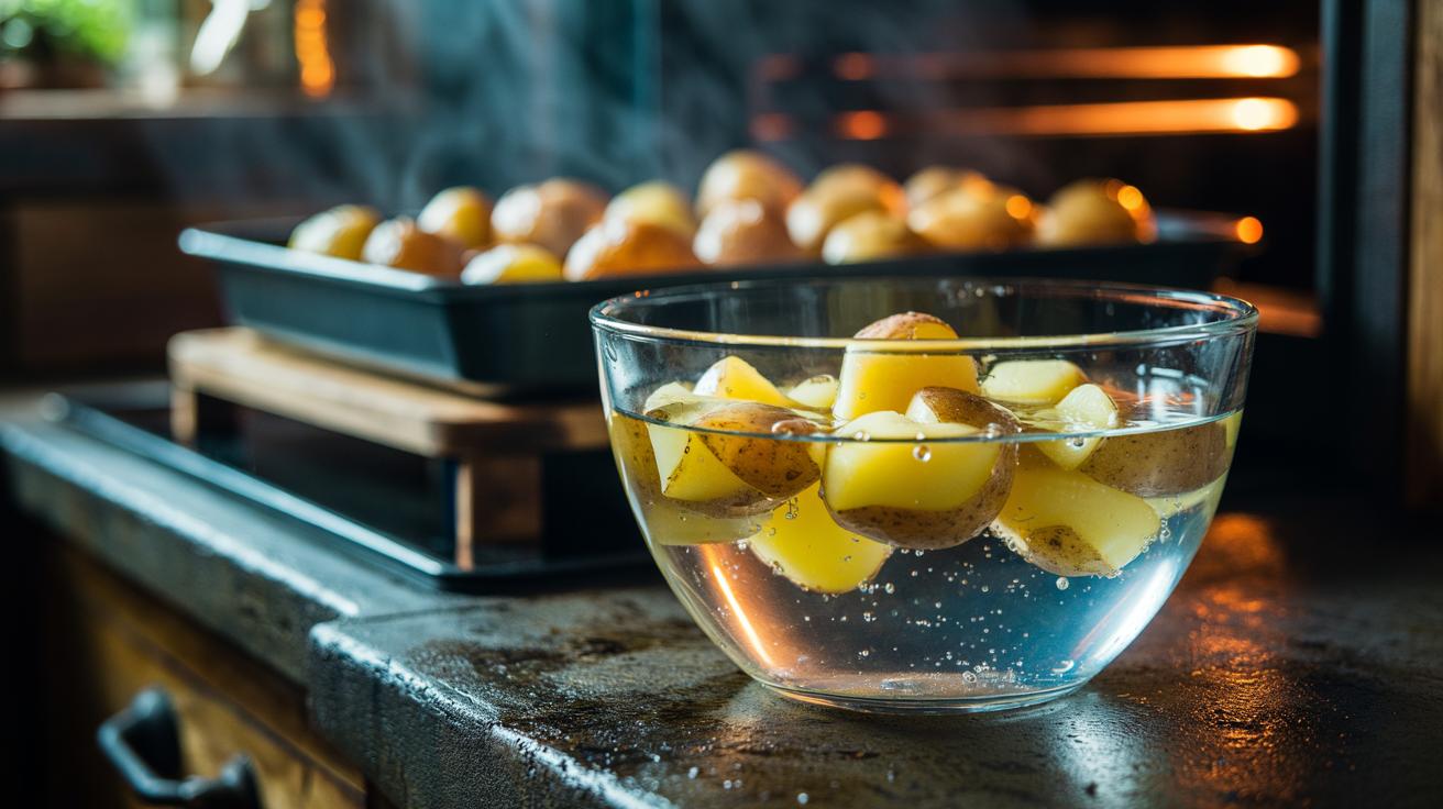 Illustration of potato chunks soaking in salt water before roasting to achieve ultra-crispy roast potatoes