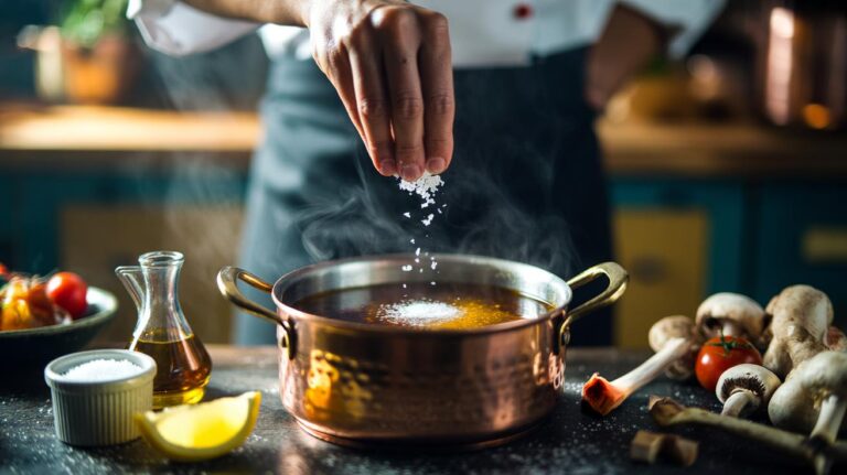 Illustration of the seasoning-late technique for soup: a steaming pot reducing as salt is sprinkled at the end to achieve a lower final salt concentration