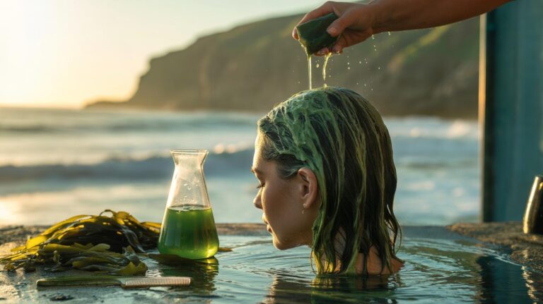 Illustration of a seaweed rinse enriched with trace minerals being applied to hair to mimic ocean benefits