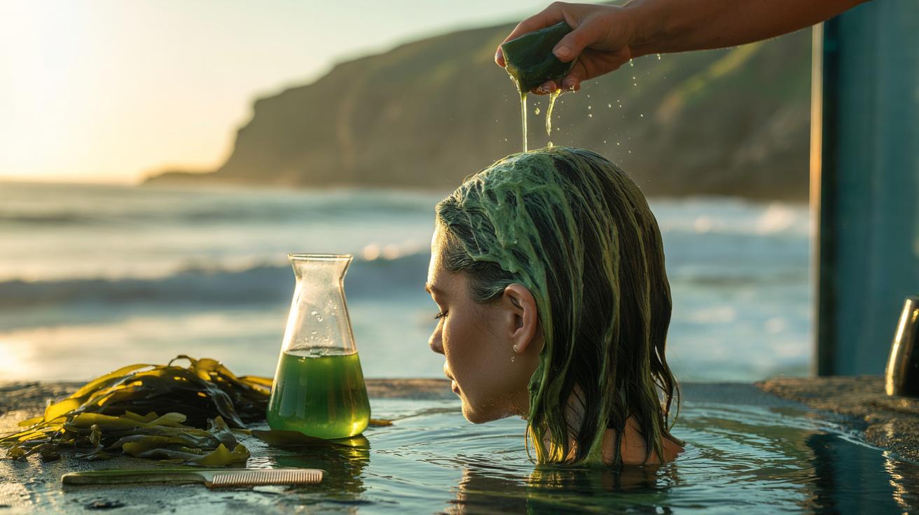 Illustration of a seaweed rinse enriched with trace minerals being applied to hair to mimic ocean benefits