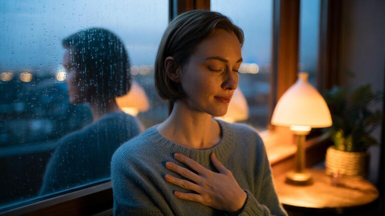 Illustration of a person practising a self-compassion pause with gentle awareness to soften harsh self-judgement and reduce shame