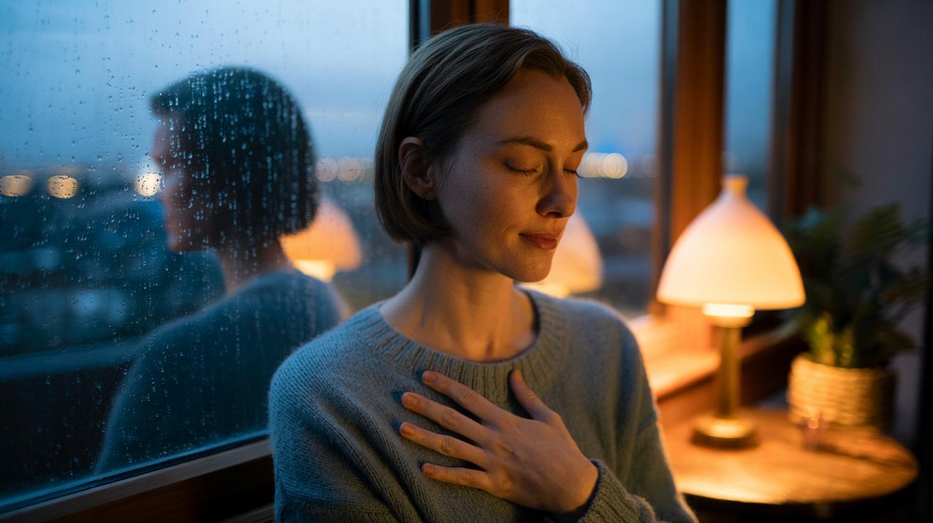 Illustration of a person practising a self-compassion pause with gentle awareness to soften harsh self-judgement and reduce shame