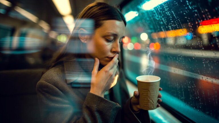 Illustration of a person practising a sensory-scan by focusing on external sights, sounds, and touch to break a mental spiral