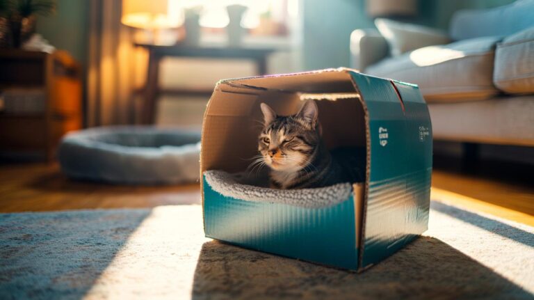 Illustration of a cat curled up in a cardboard shoebox bed, showing comfort in a tight, secure sleeping space