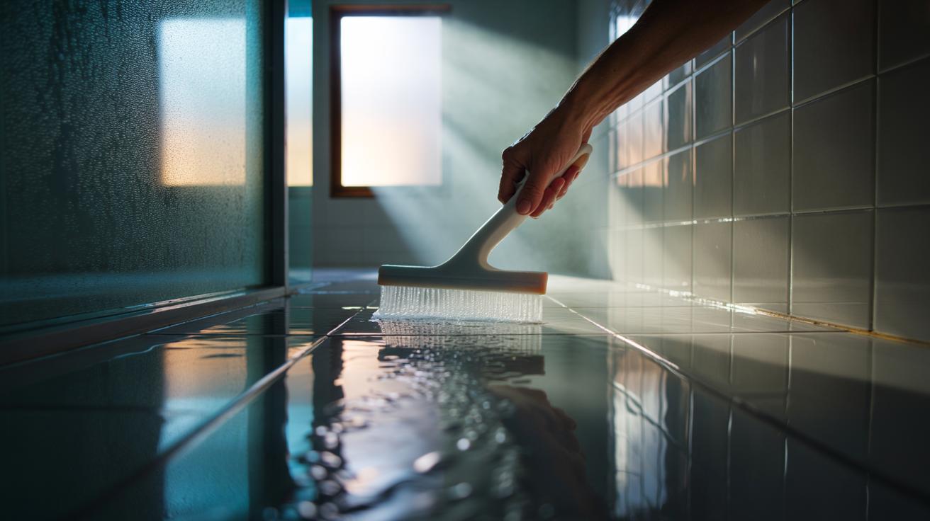 Illustration of a hand using a shower squeegee to remove water from a wet shower screen to prevent bathroom mould