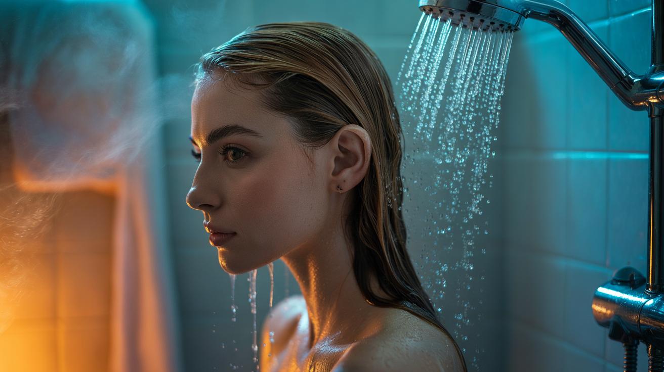Illustration of a person finishing a lukewarm hair wash with a cool rinse to reduce frizz and make hair smoother