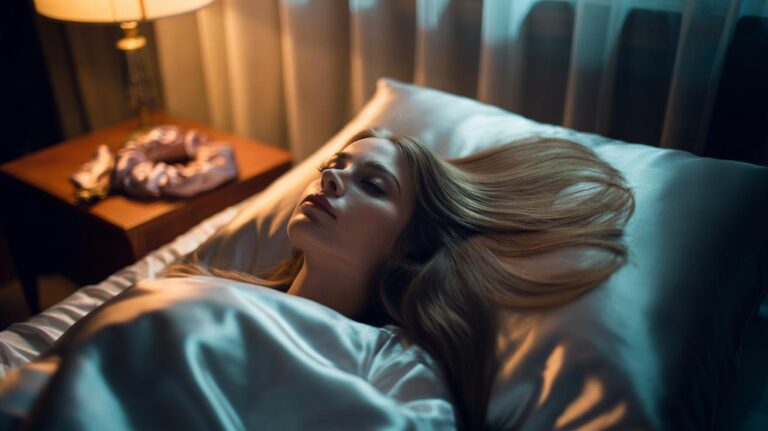 Illustration of a person sleeping on a silk pillowcase, reducing hair friction for smoother morning texture