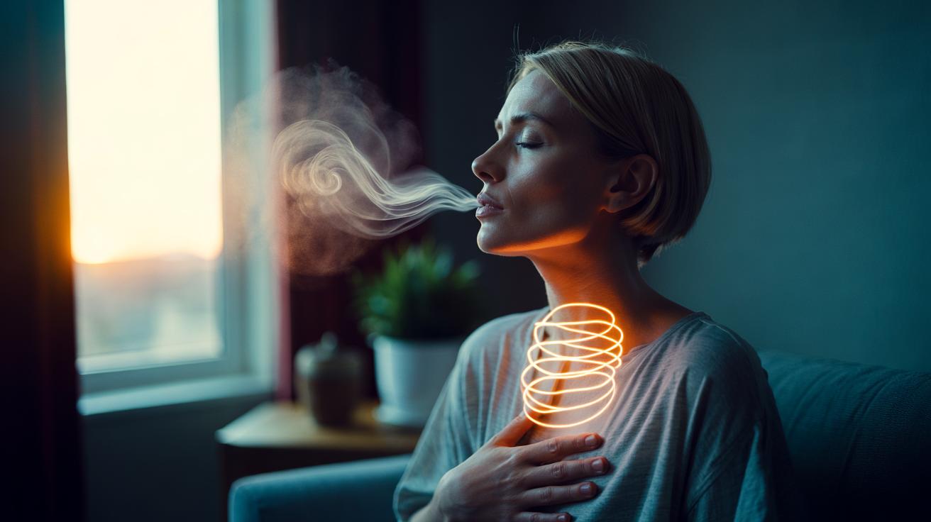 Illustration of a person practising slow, measured exhaling to signal safety to the brain and halt spiralling thoughts