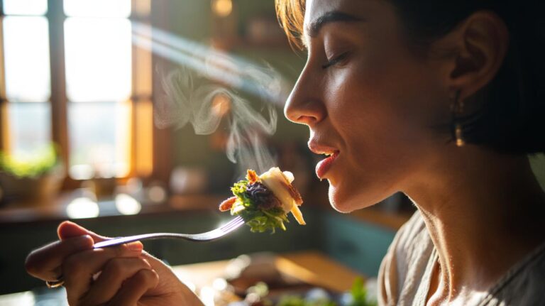 Illustration of mindful slow chewing during a meal to activate the body’s natural digestive enzymes