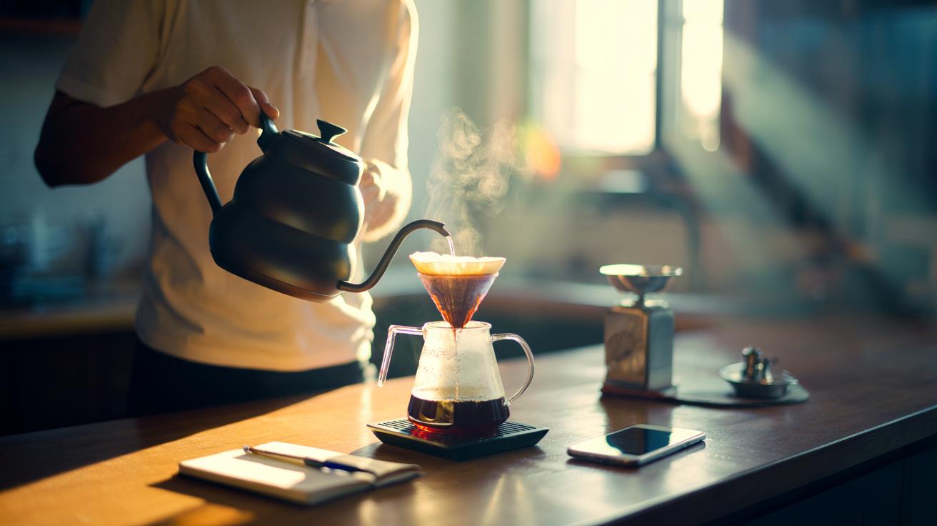 Illustration of a person intentionally brewing pour-over coffee slowly on a calm morning to reduce stress