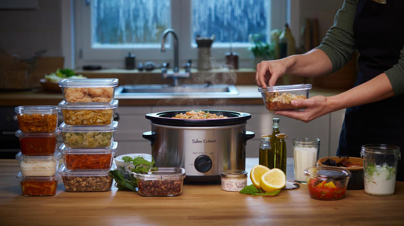 Illustration of slow-cook meal prep: a slow cooker, modular batch ingredients in labelled containers, and a freezer inventory to reduce weeknight decision fatigue