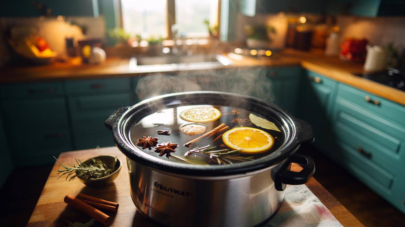 Illustration of a slow cooker gently simmering potpourri with citrus peels, herbs, and whole spices, lid slightly ajar, releasing aromatic steam for all-day home fragrance