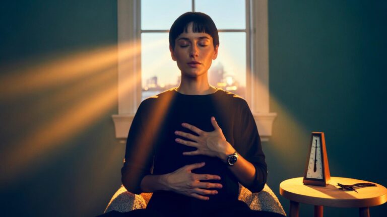 Illustration of a person practicing slow-count breathing—inhale to four, exhale to six—to reduce overwhelm and steady their thoughts.