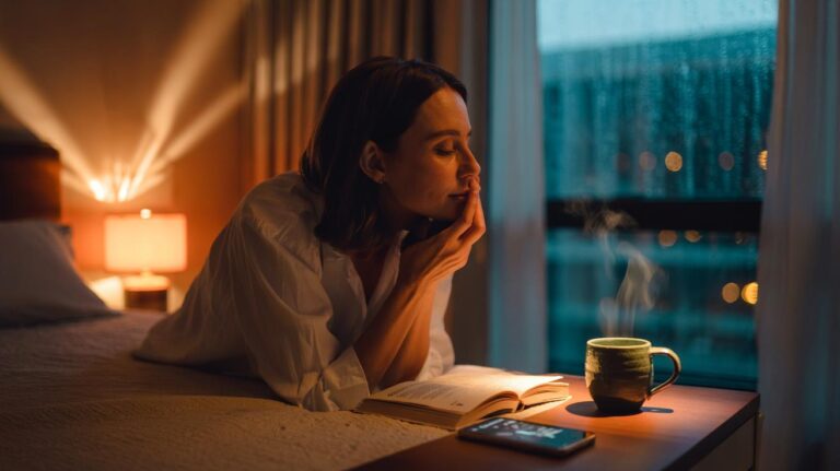 Illustration of a slow-evening routine with warm, dim lighting, a person reading a paper book, a cup of caffeine-free herbal tea, and slow breathing preparing the brain for rest