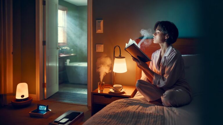 Illustration of a slow evening wind-down using gentle cues, including dimmed lights, a warm shower, journaling, and device-free time, to prepare the mind for restful sleep