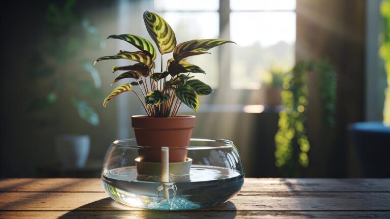 Illustration of a slow-watering bowl providing bottom-up hydration to a potted houseplant to maintain even moisture and prevent droop