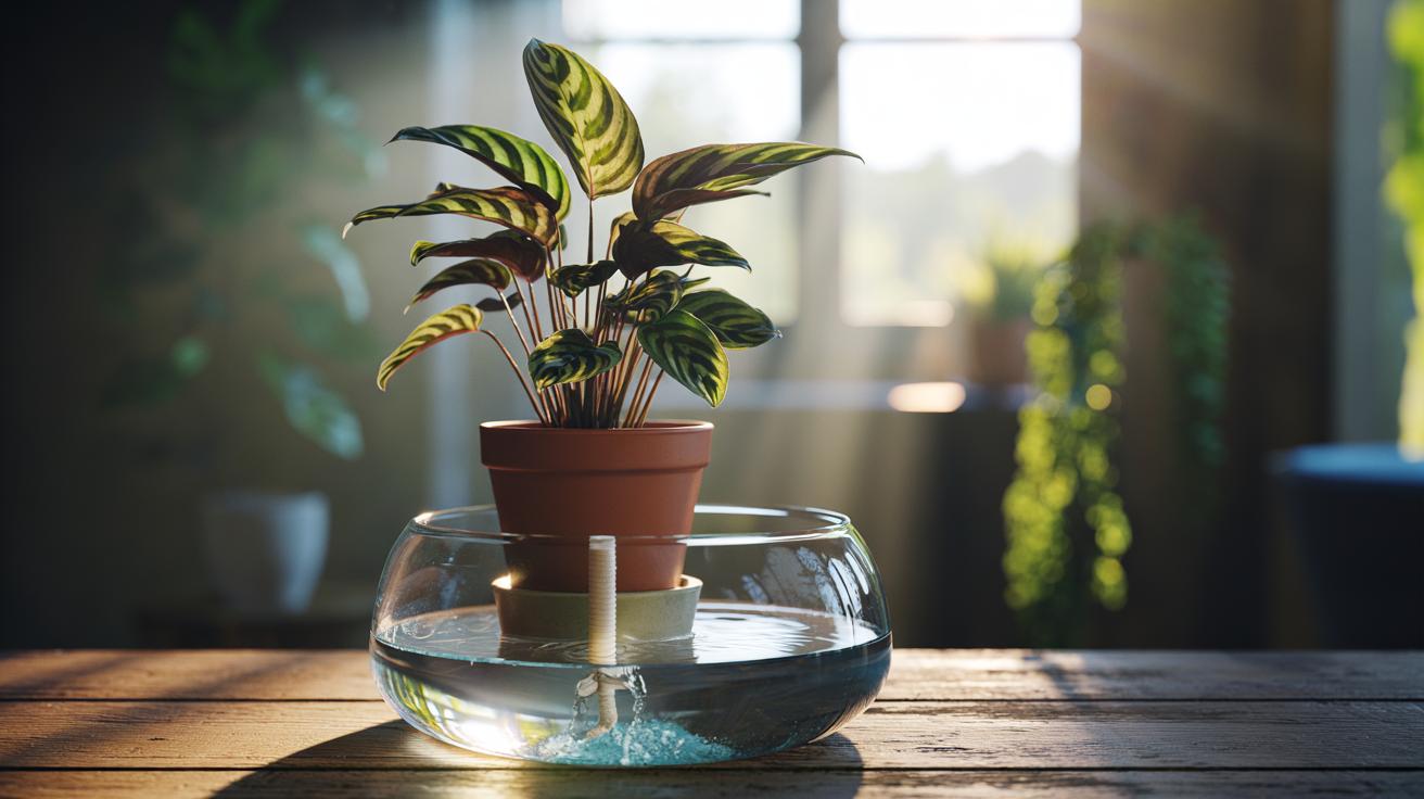 Illustration of a slow-watering bowl providing bottom-up hydration to a potted houseplant to maintain even moisture and prevent droop
