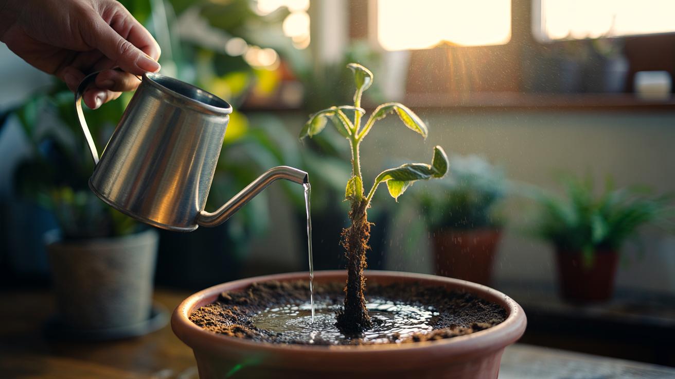 Illustration of a slow-watering jug delivering a steady trickle at the soil line to revive a wilted houseplant and prevent root shock