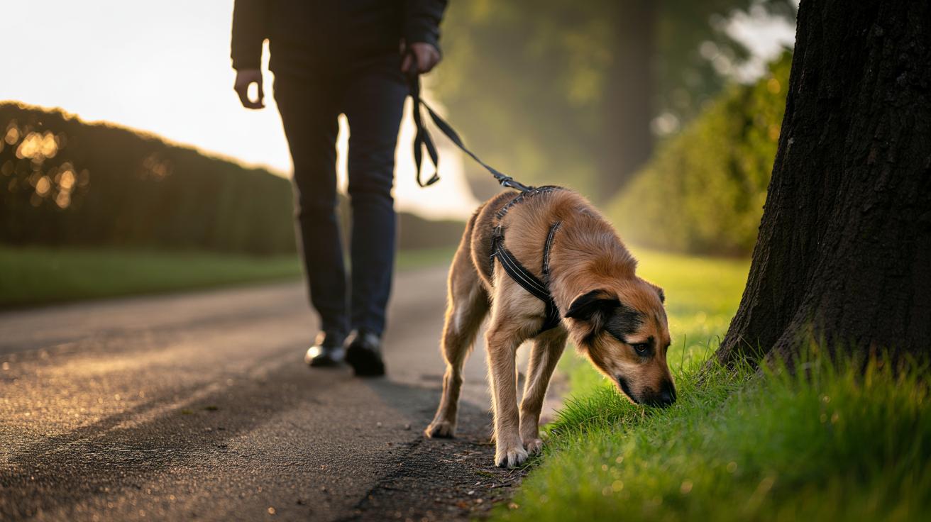 Illustration of a dog in a harness on a loose lead sniffing grass during a slow, nose-led walk