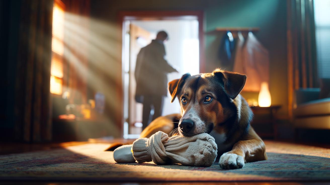 Illustration of a dog relaxing at home with a sock‑scent comfort toy imbued with its owner’s familiar smell to reduce separation stress