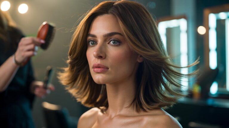 Illustration of a person with soft-layered hair and feathered ends framing the face, styled in a salon