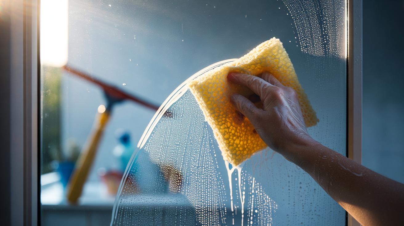 Illustration of the sponge-dab method using a damp sponge to absorb residual water from a glass surface to prevent streaks