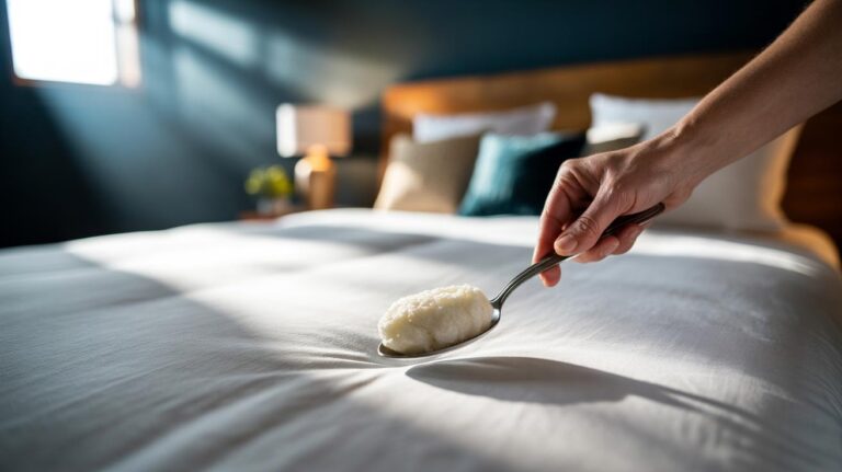 Illustration of a hand using a spoon wrapped in a damp cloth to press and reshape sagging filling into a duvet corner on a neatly made bed