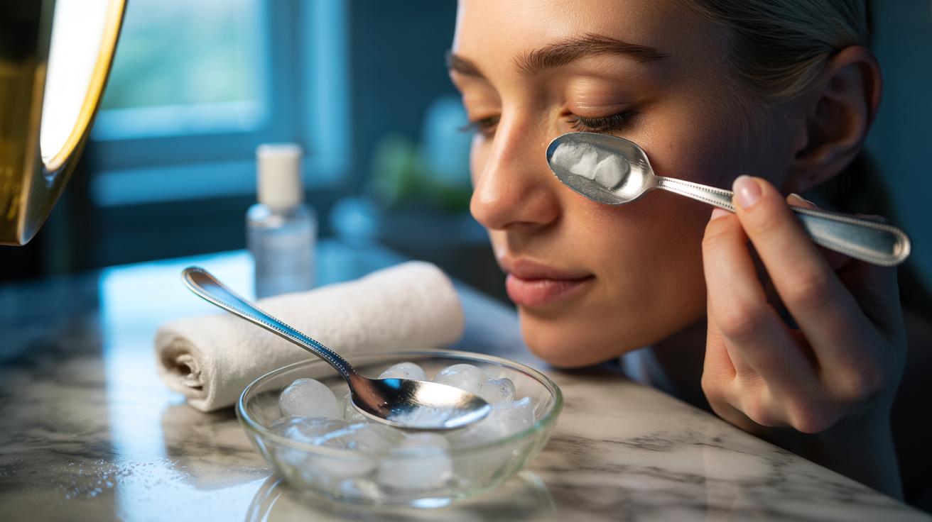 Illustration of chilled teaspoons applied under the eyes to quickly reduce puffiness using the spoon-in-freezer trick