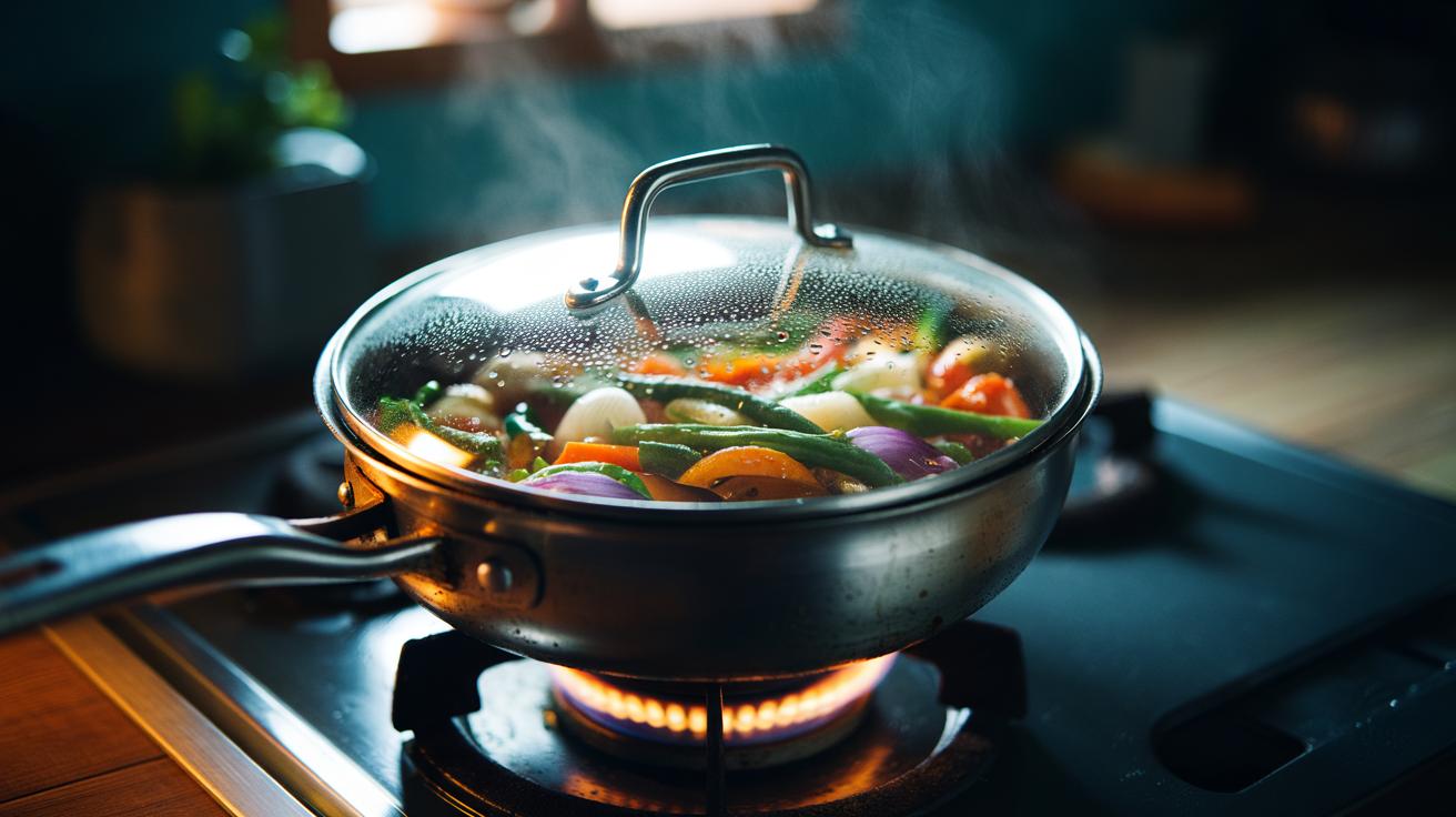 Illustration of a lidded pan trapping steam to soften food faster