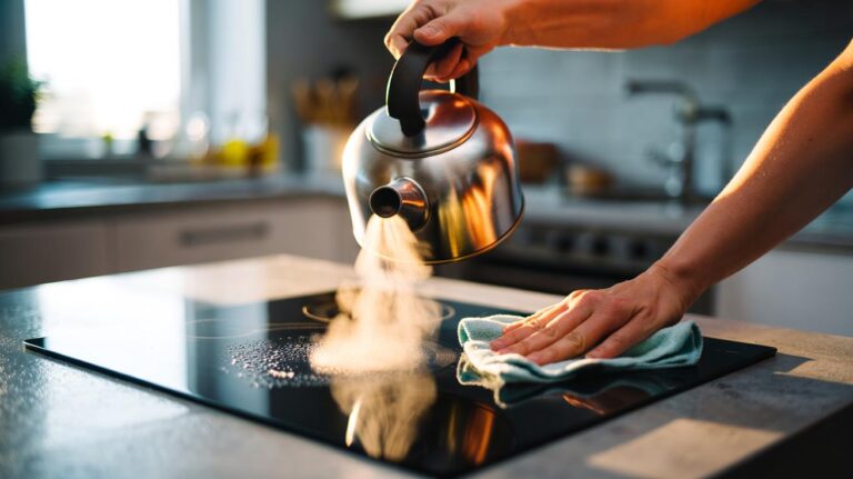 Illustration of the steam-wipe method using vapour from a kettle to soften grease on a stovetop for easy lifting with a cloth