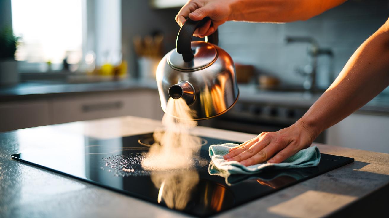Illustration of the steam-wipe method using vapour from a kettle to soften grease on a stovetop for easy lifting with a cloth