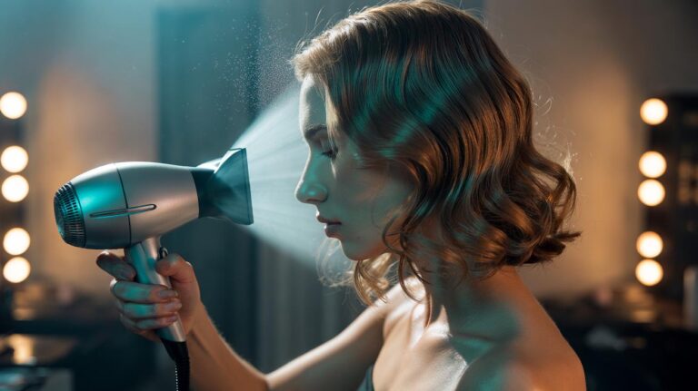 Illustration of a person using the cool setting on a hair dryer to lock freshly formed curls and waves in place