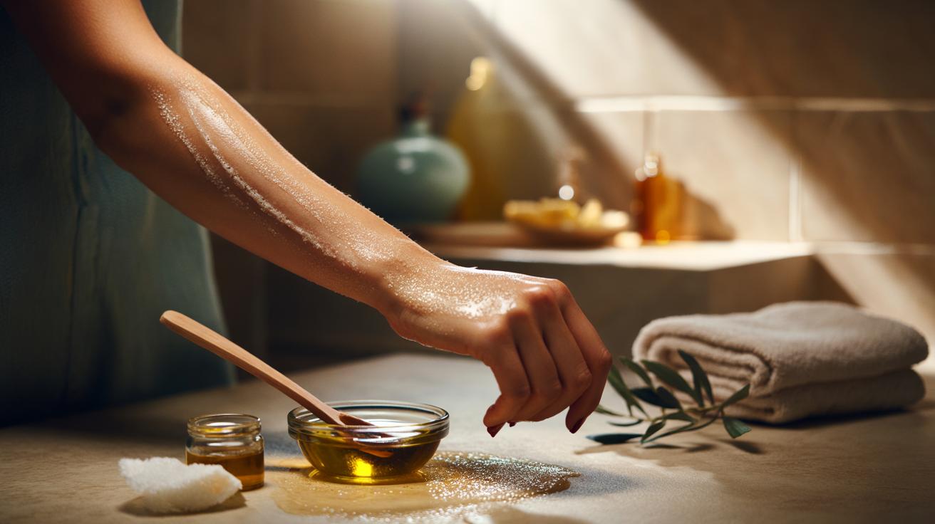 The sugar + olive oil scrub that removes fake tan streaks : how gentle exfoliation evens skin perfectly