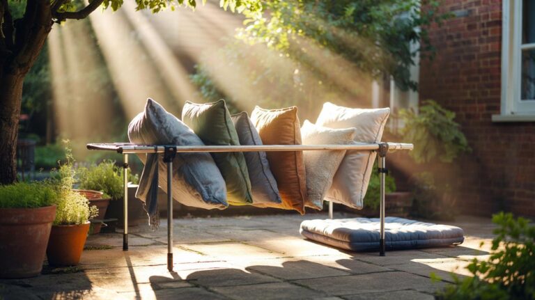 Illustration of sofa cushions propped on an outdoor rack in gentle sunlight and breeze to ventilate fabric and remove trapped odours
