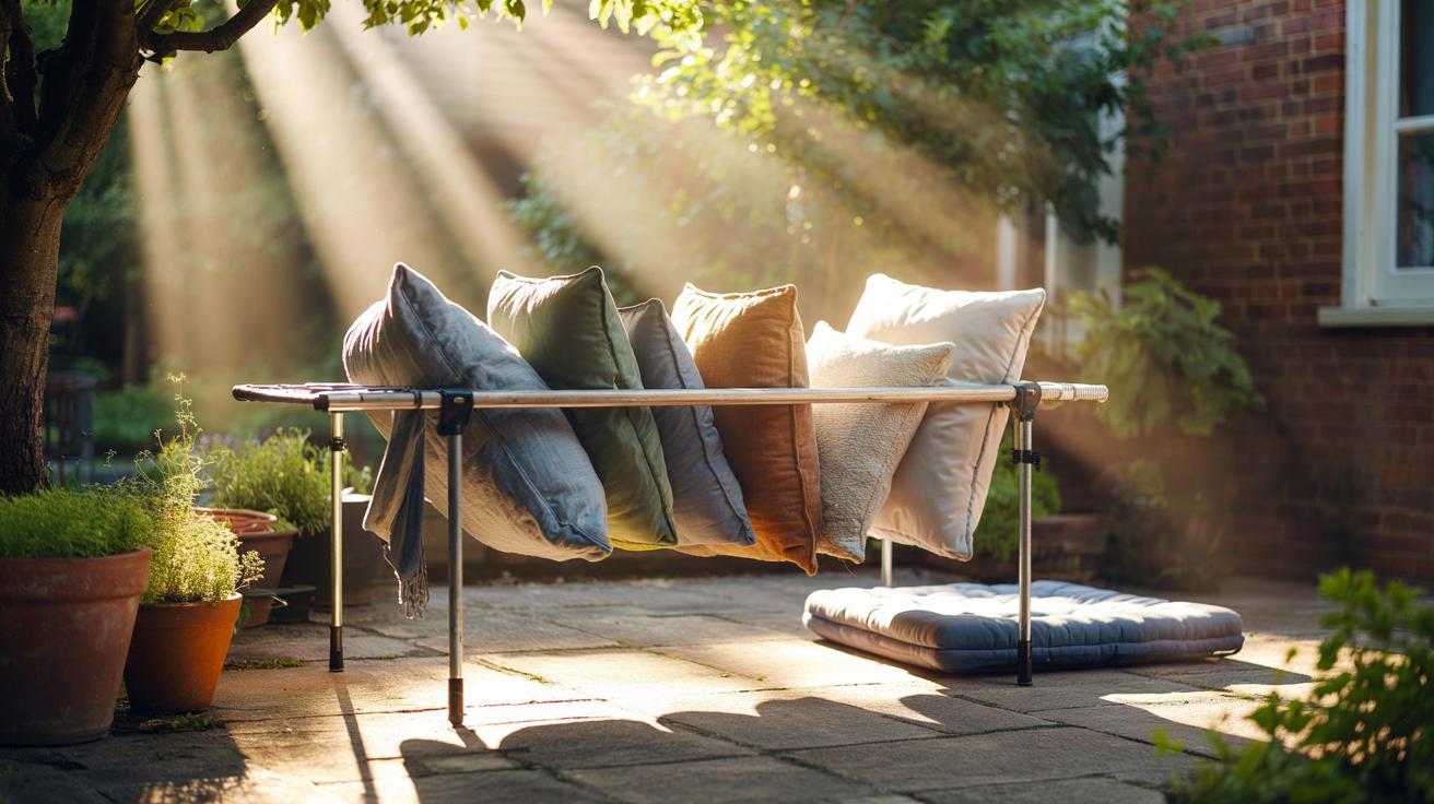 Illustration of sofa cushions propped on an outdoor rack in gentle sunlight and breeze to ventilate fabric and remove trapped odours