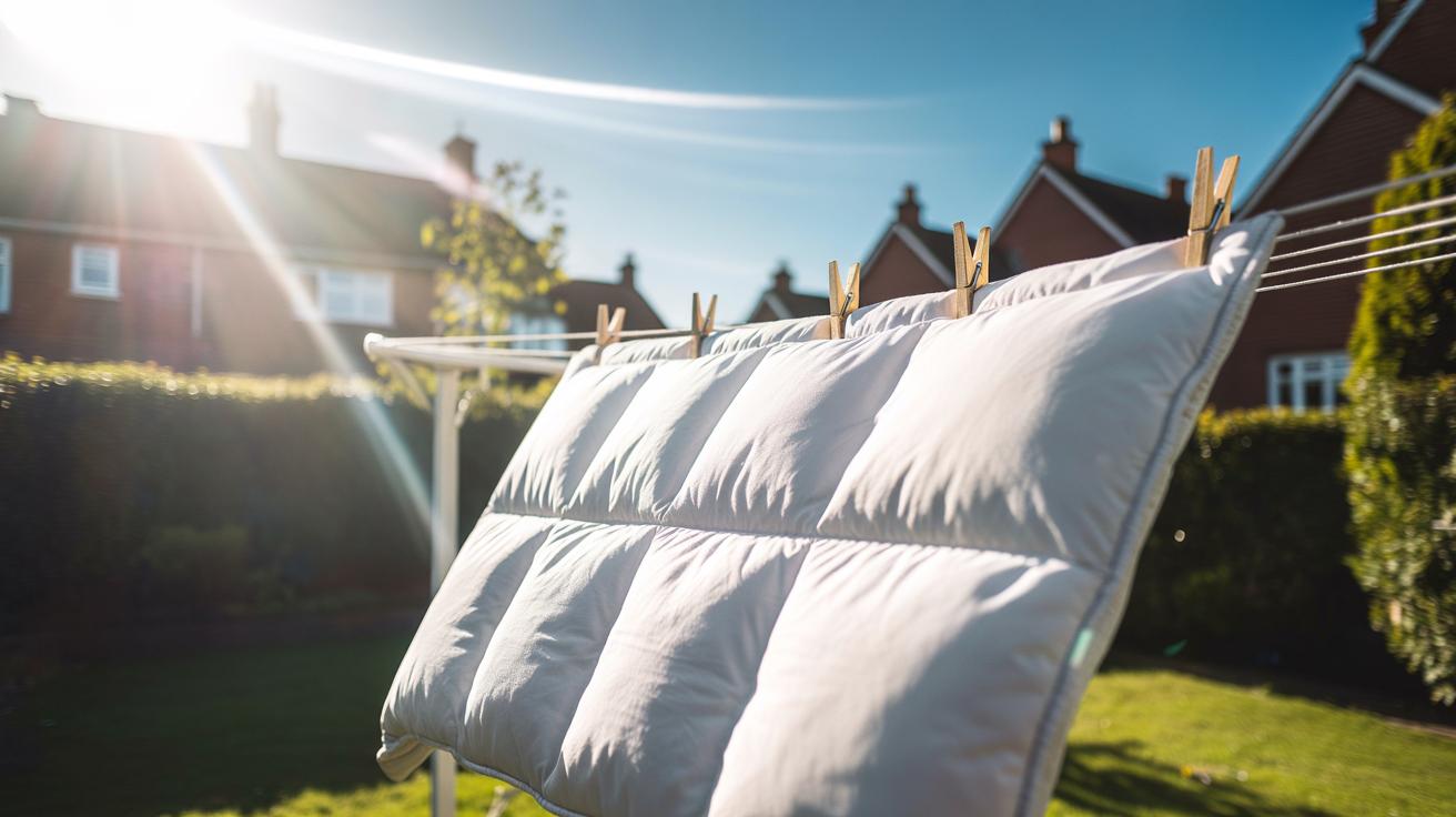 Illustration of a duvet draped over a washing line in direct sunlight and breeze, as UV rays reduce odour-causing bacteria