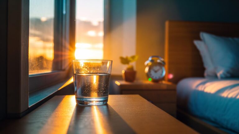 Illustration of a glass of water by a window at sunrise to begin early hydration